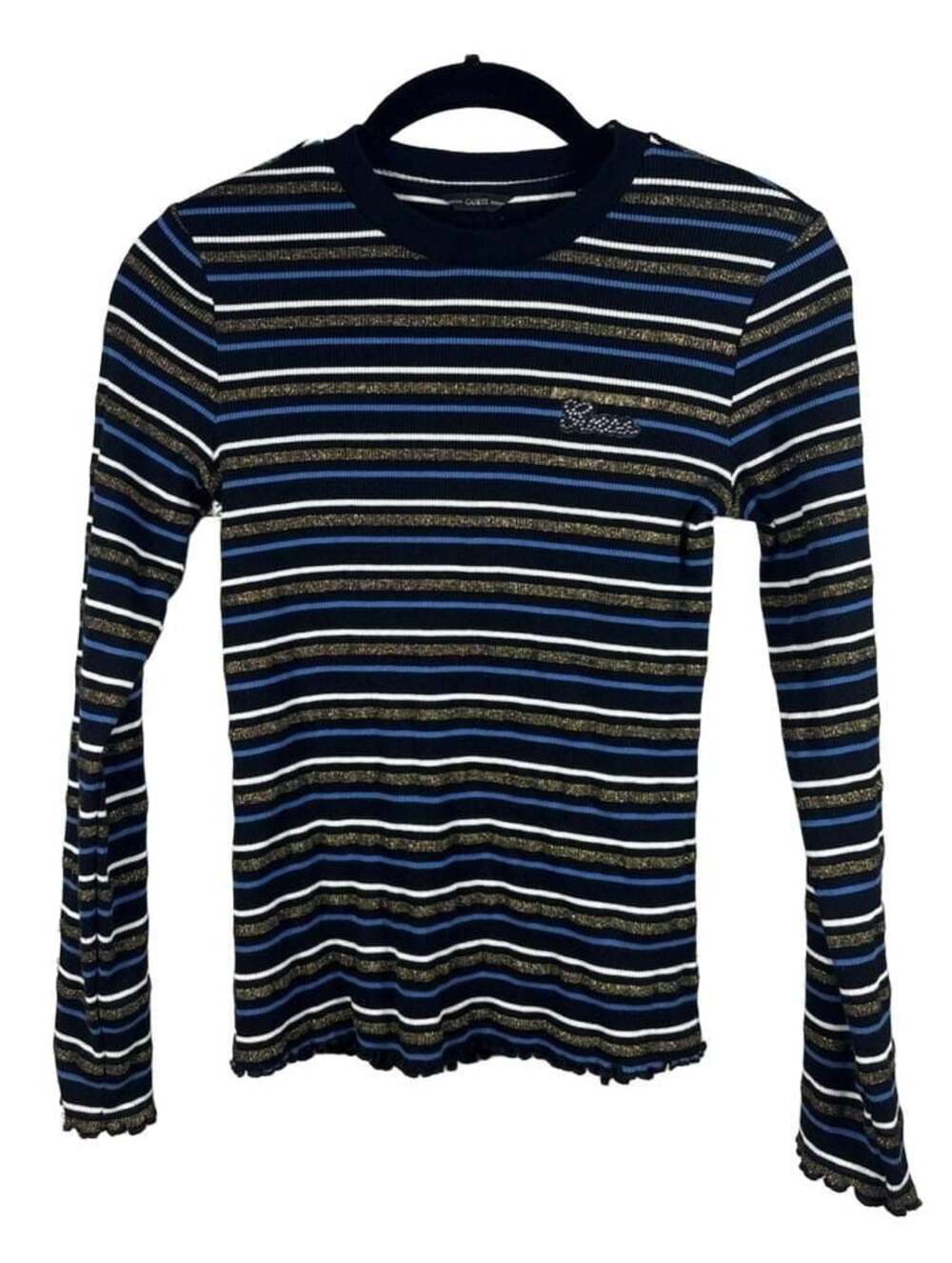 Guess W Multi-Color Striped Metallic Long Sleeve Ribbed Top w/ Rhinestone Logo